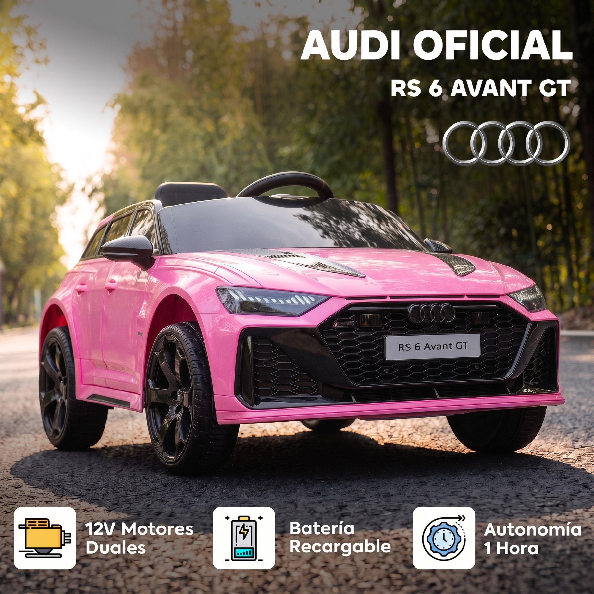 AIYAPLAY Coche Eléctrico para Niños Audi RS 6 Avant GT Coche de Batería 12V con Mando a Distancia 2,4 G Motor Doble Arranque Progresivo Suspensión MP3 Bocina y Faros LED 3-6 Años 3–5 km/h Rosa
