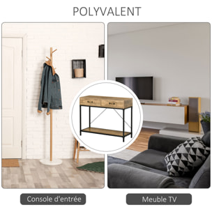 Console table d'appoint design industriel dim. 100L x 35l x 76H cm 2 tiroirs poignées laiton vieilli étagère métal noir aspect bois veinage