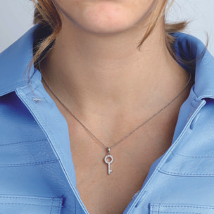 Collana in Argento 925 placcato Platino con Catena a Palline e Pendente Chiave con Pavé in Cubic Zirconia