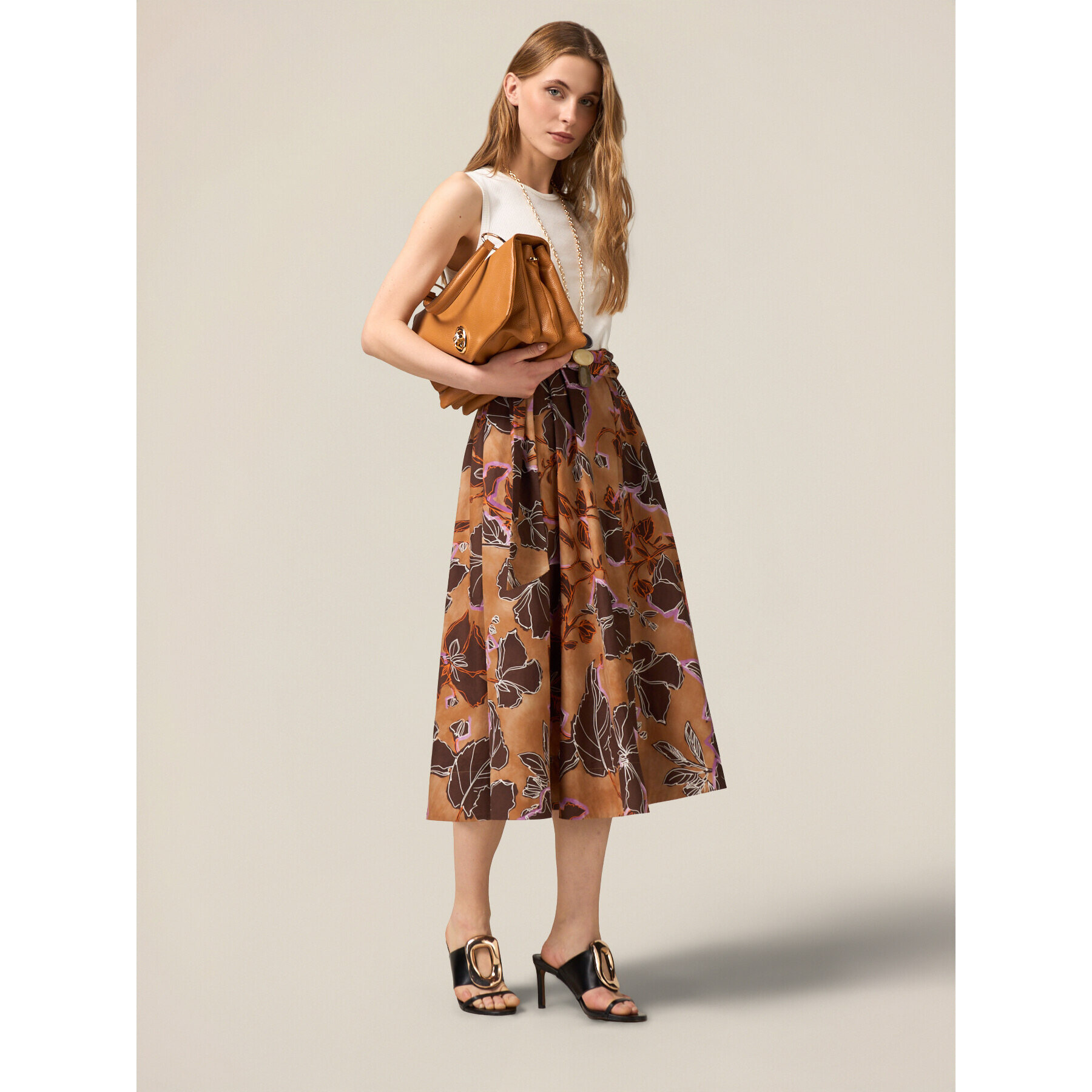 Oltre - Vestido evasé combinado con fajín - Marrón