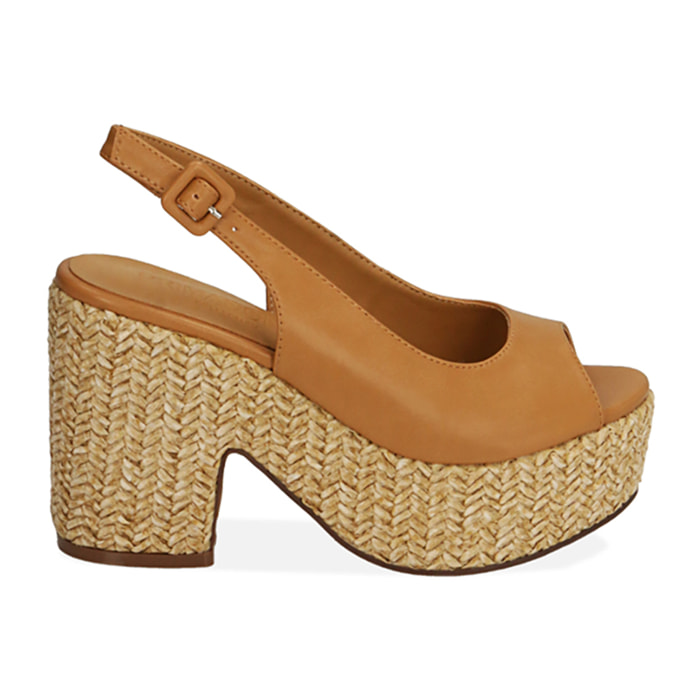 Sandalias coñac, tacón de cuña 10,5 cm