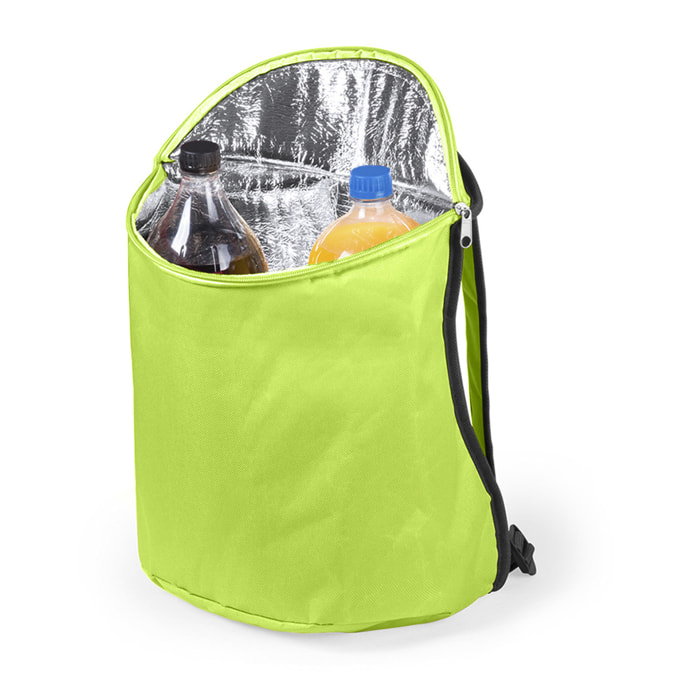 Zaino frigorifero Polys con chiusura a cerniera abbinata. Interno isotermico con finitura in alluminio e maniglie regolabili imbottite.