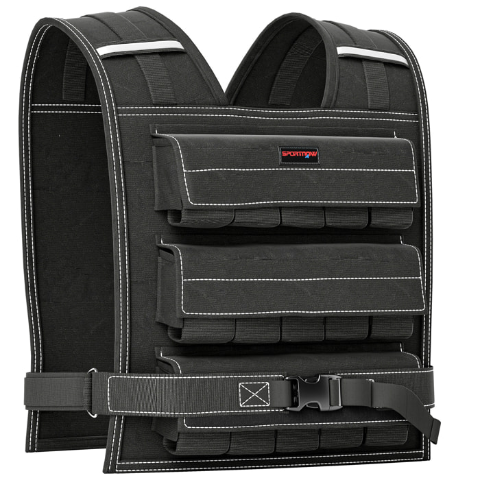Chaleco Lastrado 15kg Chaleco de Lastre Ajustable con 15 Paquetes de Peso Banda Reflectante Chaleco Peso para Entrenamiento Fuerza Jogging Crossfit Negro