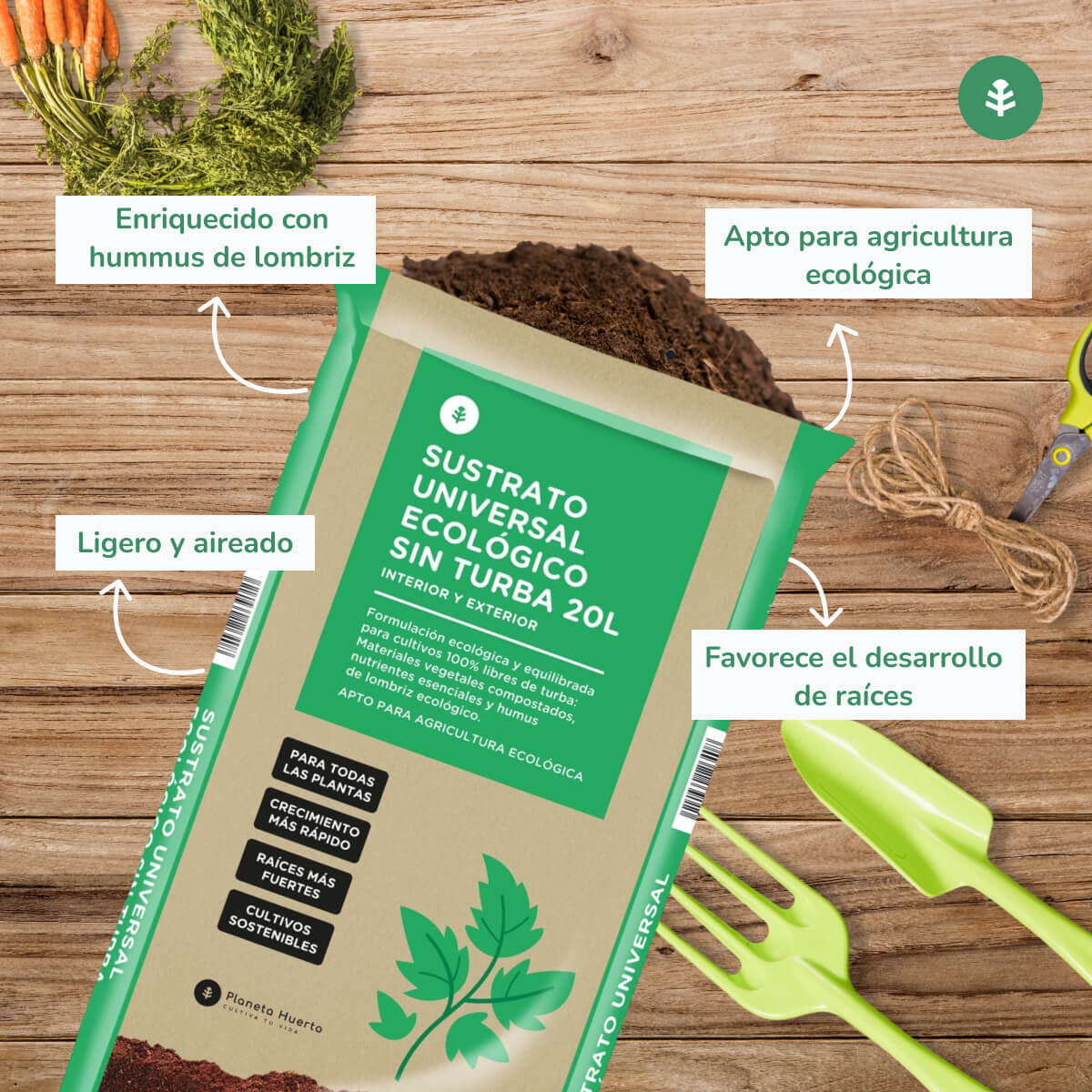 Sustrato Universal Sin Turba ECO Planeta Huerto 20 L - Fórmula mejorada