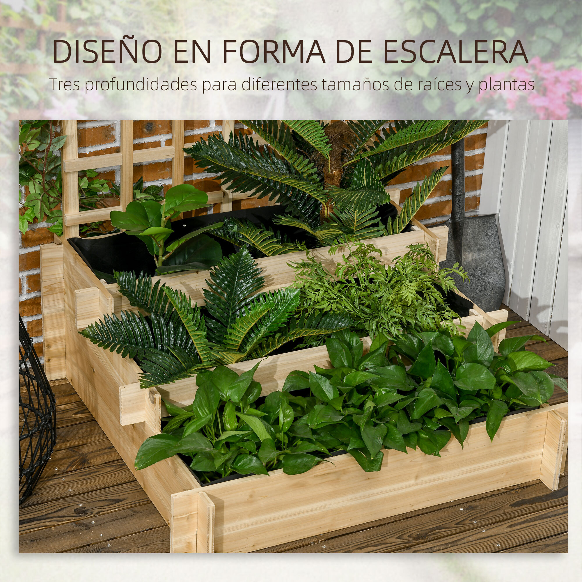 Jardinera de 3 Niveles con Enrejado Escalera de Huerto Urbano de Madera con Tela no Tejida para Cultivos Verduras Flores Hierbas 95x95x110 cm Natural