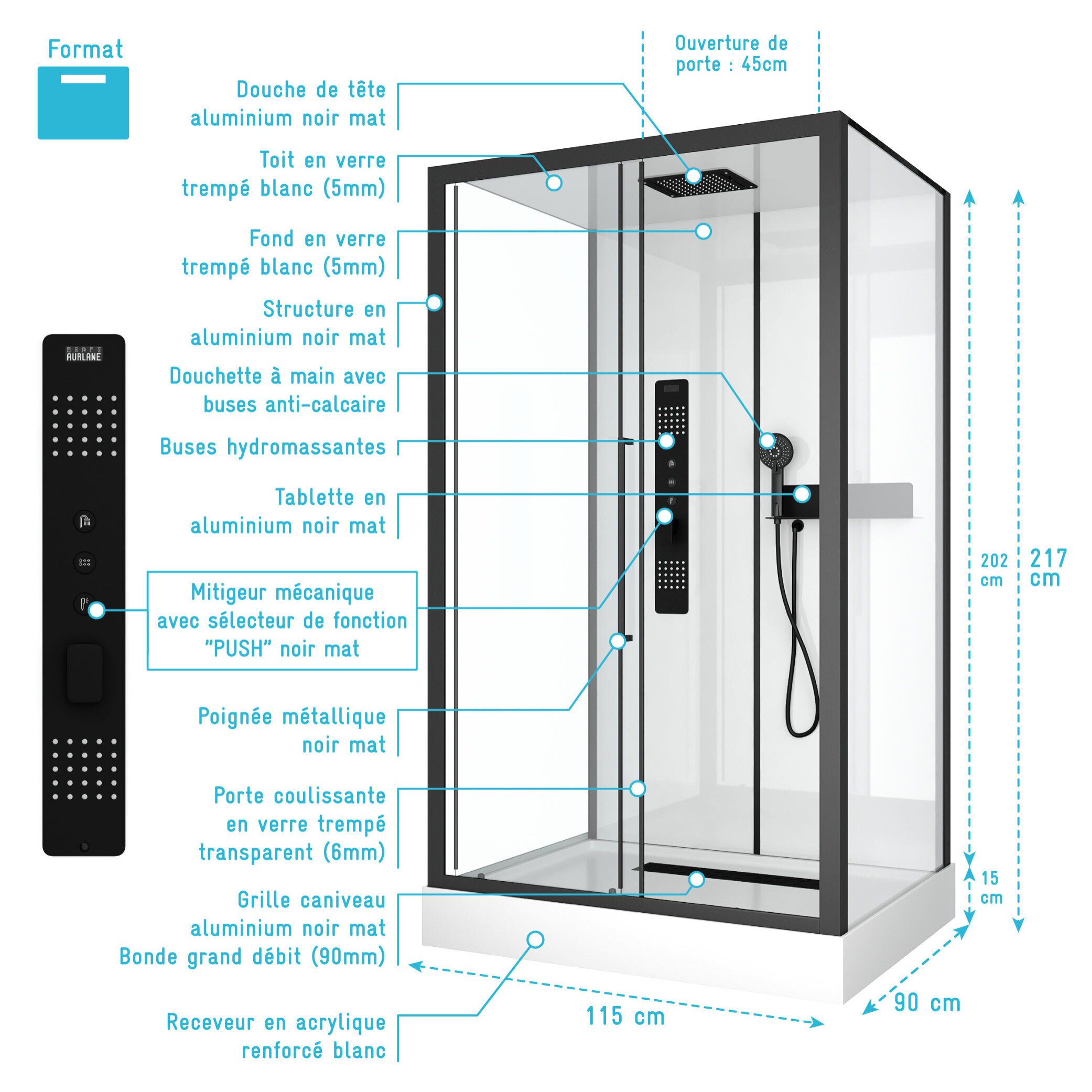 Cabine de douche RECTANGLE - 90x115x217 cm - FACTORY 2 RECTANGLE