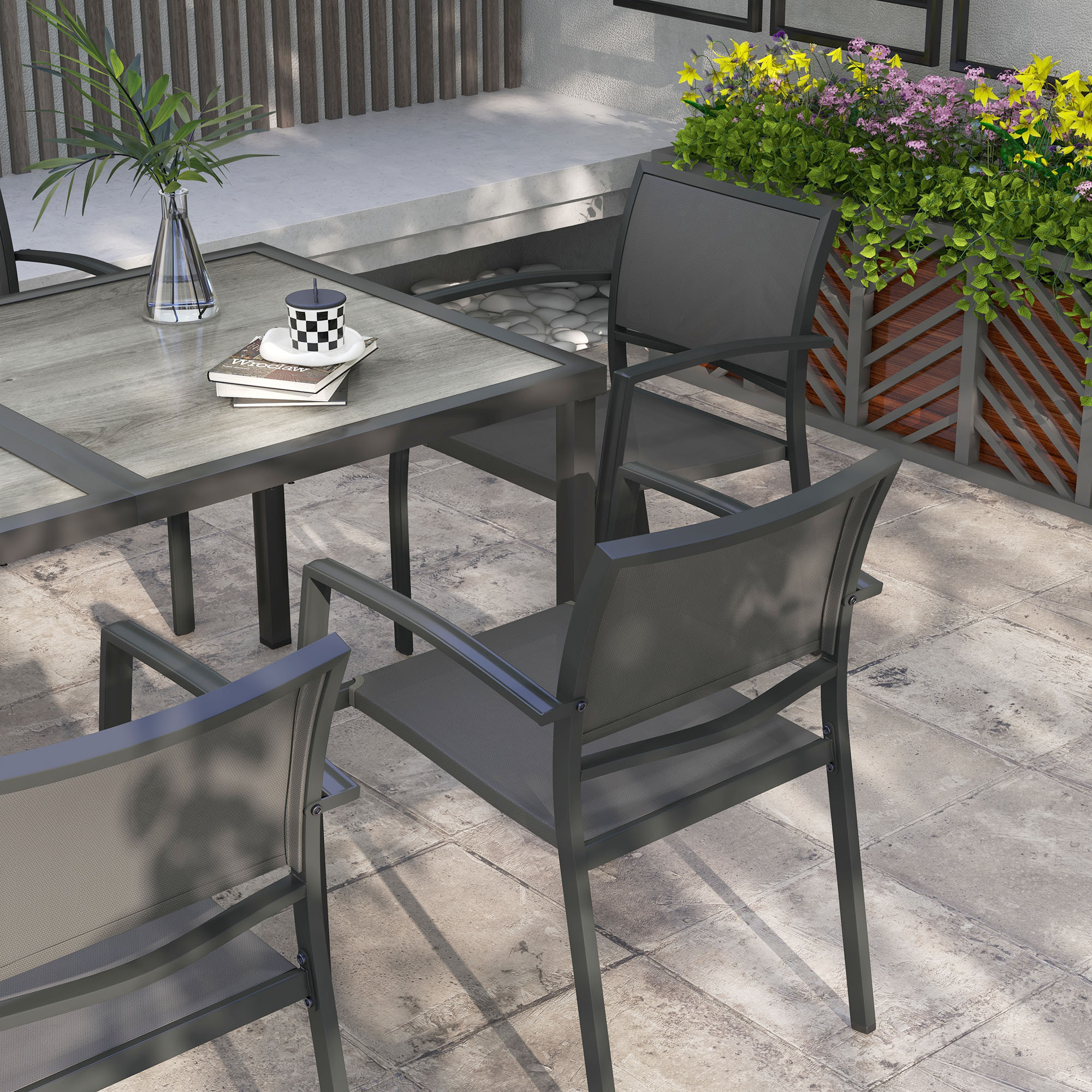 Ensemble salon de jardin 6 places 7 pièces avec table à manger acier textilène aspect bois gris