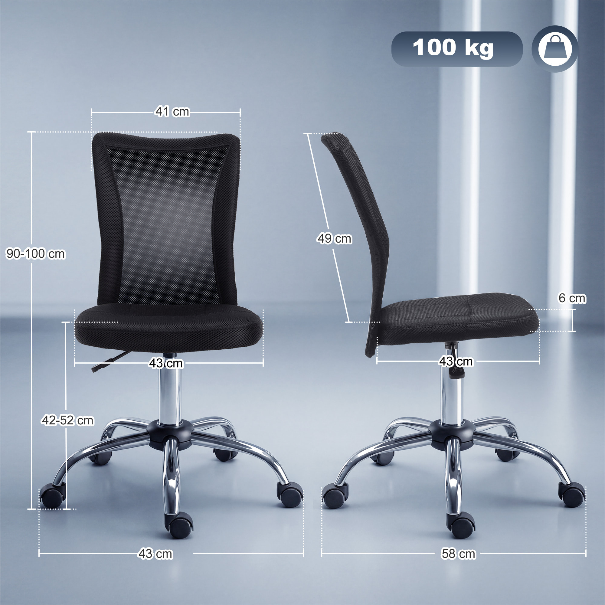 Silla de Oficina de Malla Silla de Escritorio Giratoria sin Brazos con Altura Ajustable Carga 100 kg para Estudio Despacho 43x58x90-100 cm Negro