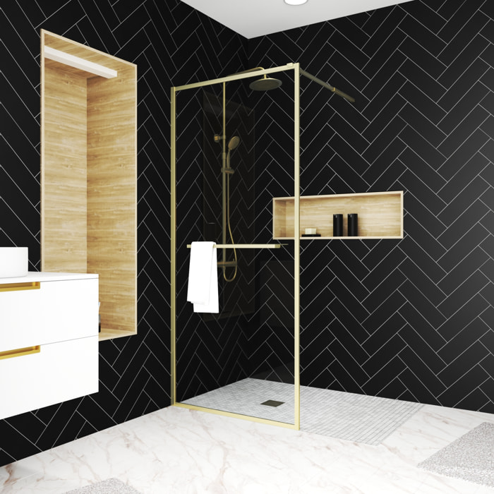 Paroi de Douche Or Doré Brossé 90x200cm - Porte-Serviette et Etagère - Verre 6 mm