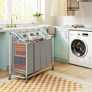 Panier à linge sur roulettes 4 sacs amovible métal tissu Oxford gris
