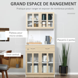 Buffet haut multi-rangement 4 portes vitrine verre avec étagère tiroir coulissant grand plateau panneaux particules blanc aspect chêne clair