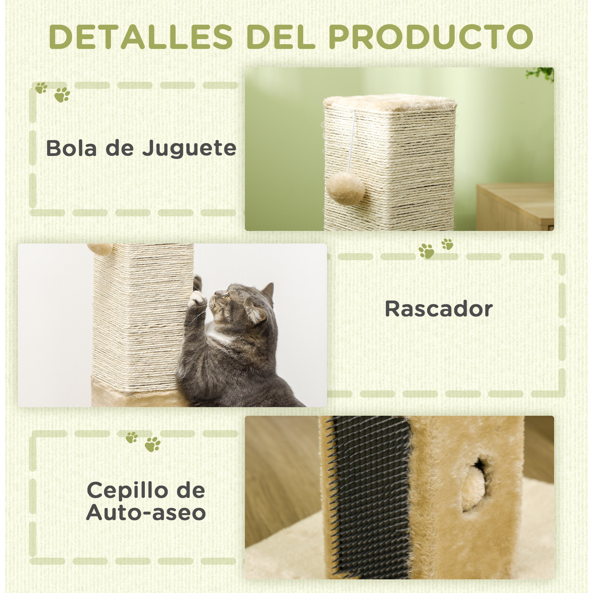 Poste Rascador para Gatos 79 cm Rascador para Gatos Arañador para Gatos con Bola Colgante Cascabel y Poste de Yute 59,5x39x79 cm Beige y Crema