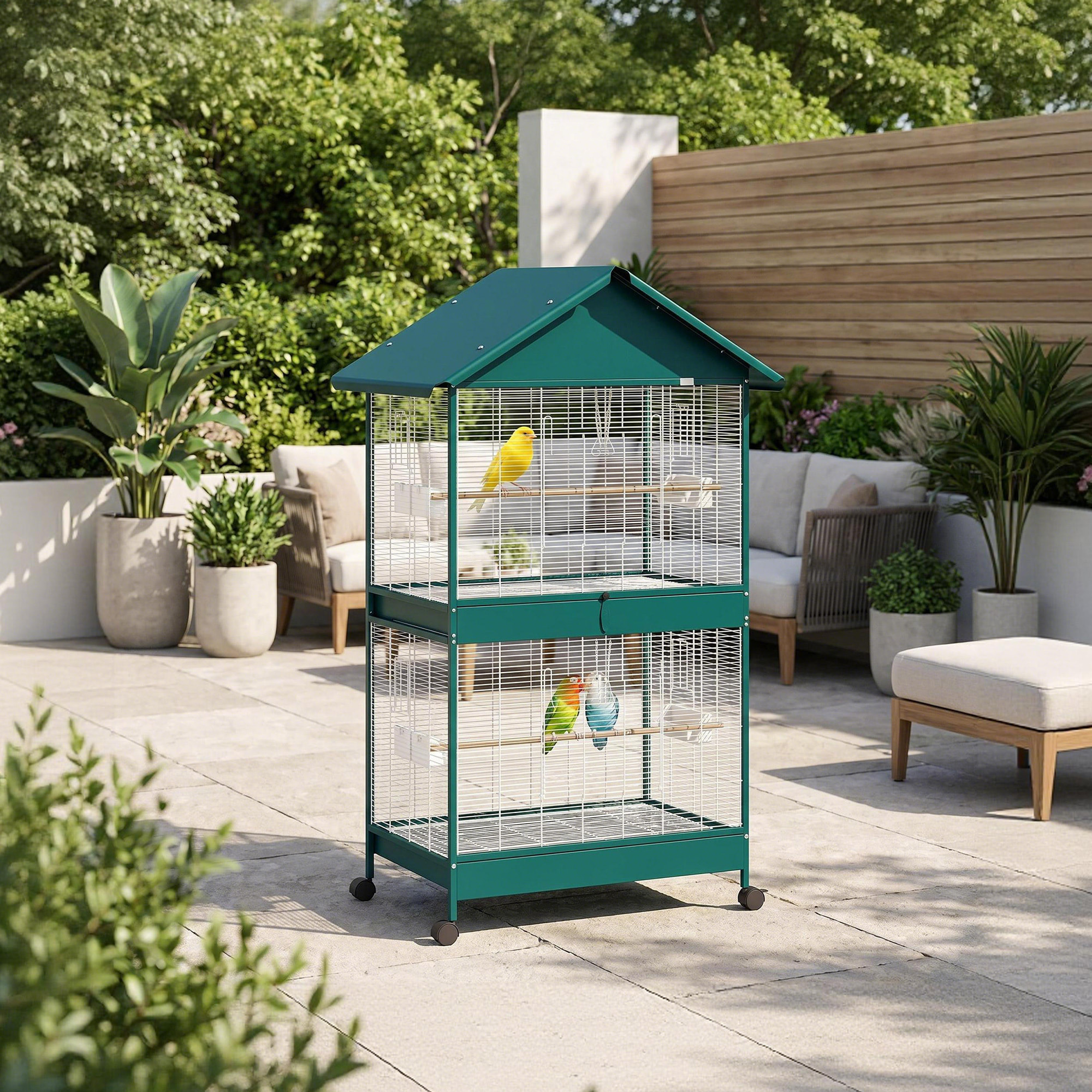 Cage à oiseaux mobile - volière grande taille - séparateur amovible - métal - 94x70x158 cm - vert