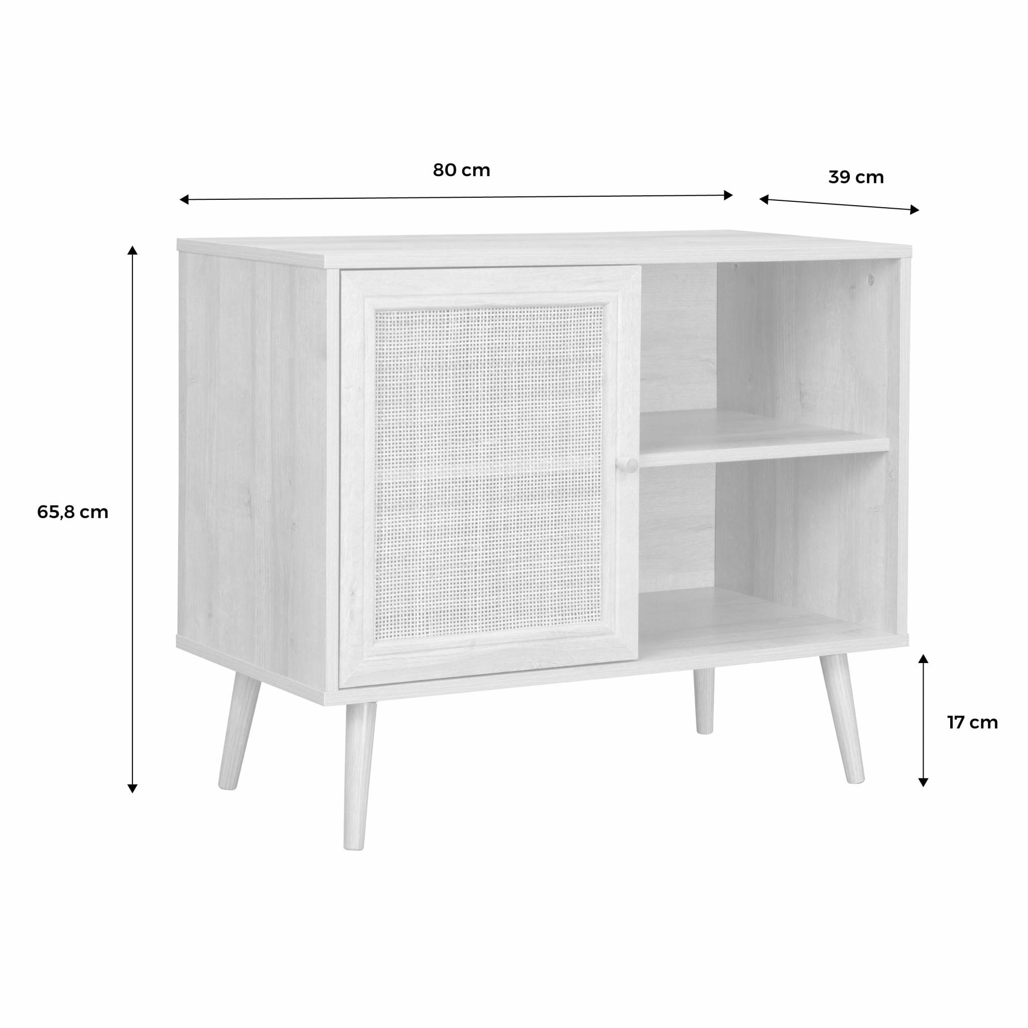 Meuble de rangement en cannage 80x39x65.8cm  Bohème - couleur bois foncé -  2 niveaux - 1 porte -  pieds scandinaves. buffet bas