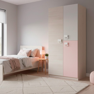 Armadio Giovanile A 3 Ante Armadietto Per Cameretta Ragazzi Con Barra Appendiabiti E 3 Ripiani Mobile Camera 200x52x90 Cm Bianco Alpi, Grigio E Rosa