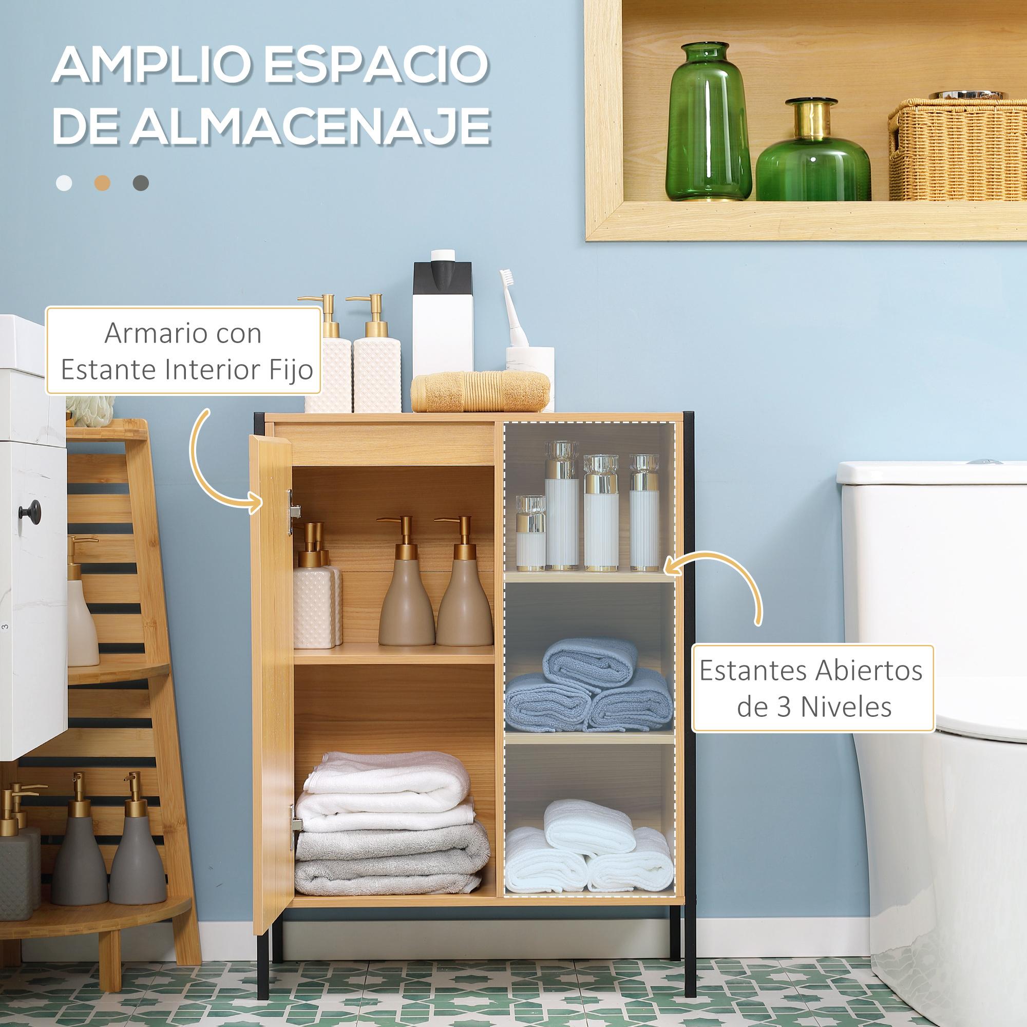 Armario Auxiliar de Baño con 1 Puerta y 3 Estantes Abiertos Mueble Auxiliar de Baño para Salón Aseo Dormitorio Estilo Industrial 60x28x80 cm Roble