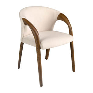 Silla con reposabrazos tapizado en tela aterciopelada en crema sus patas de madera en nogal 62x61x78cm