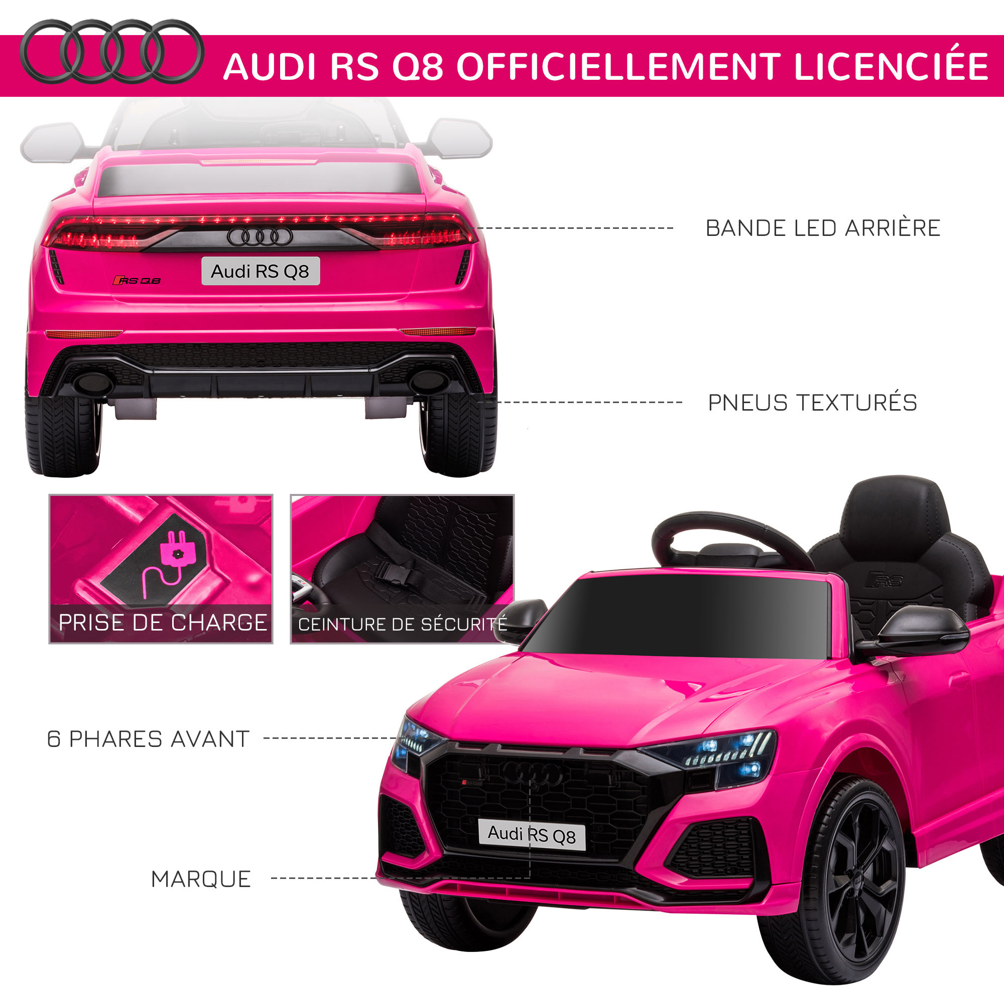 Voiture électrique enfant licence officielle Audi RS Q8 - 2 moteurs - télécommande - effets sonores, lumineux - rose