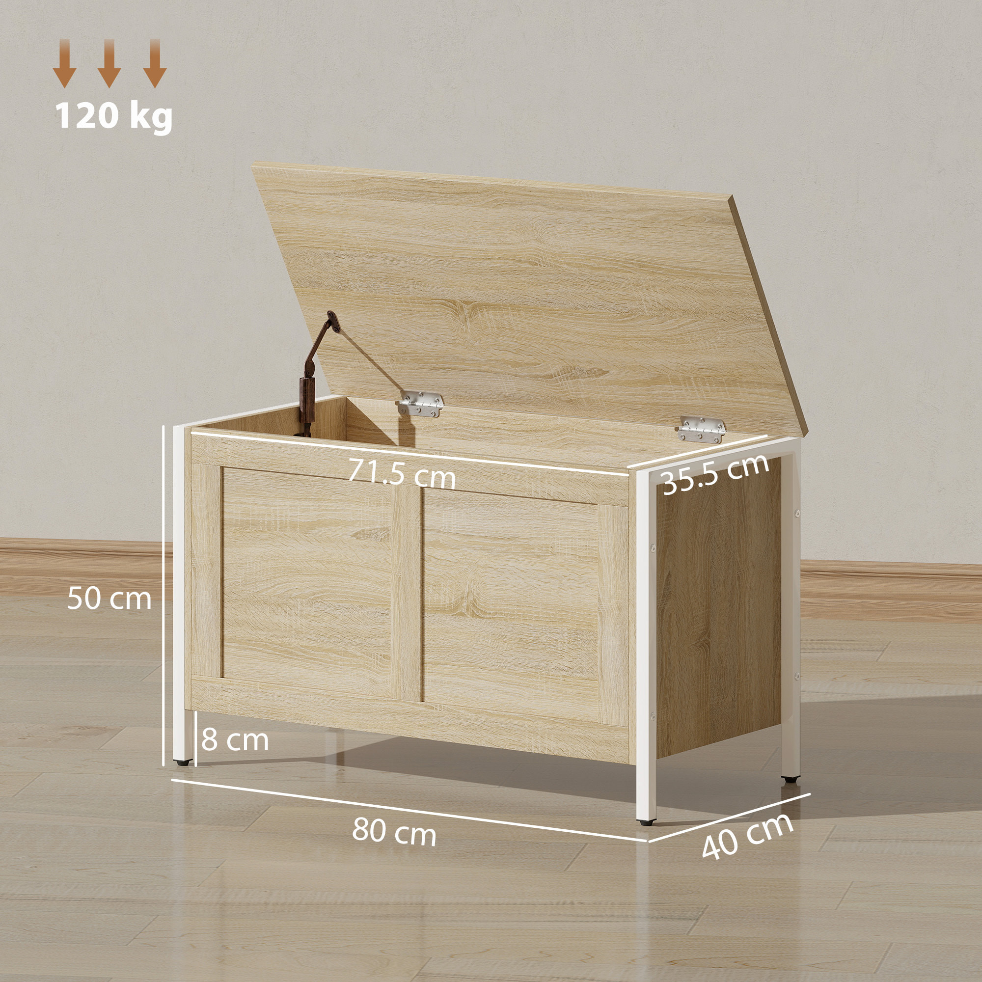 Baúl de Almacenaje para Dormitorio 95 L Banco de Almacenaje con Tapa Bisagra de Seguridad para Pasillo Salón 80x40x50 cm Roble