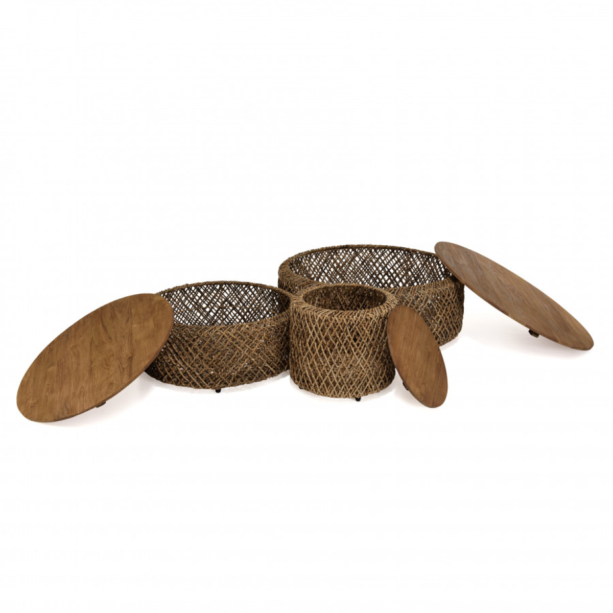 ALIDA - Set de 3 tables basses rondes en tissage de fibre de cocotier