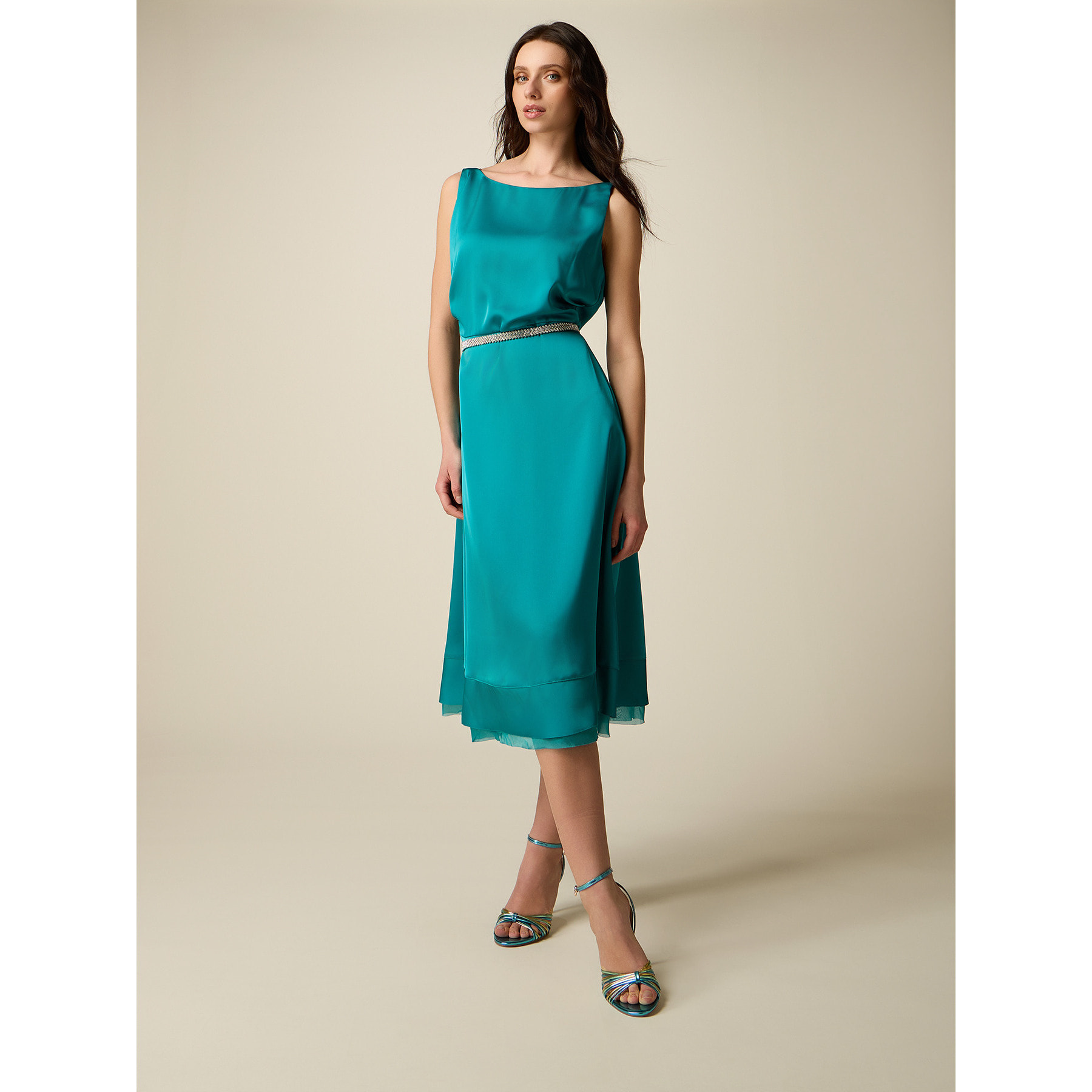 Oltre - Vestido midi de satén con cinturón - Petrol Blue