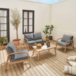 salon de jardin en bois d'acacia 4 places gris CARNOTA. coussins déhoussables. 2 fauteuils. 1 canapé 2 places et 1 table