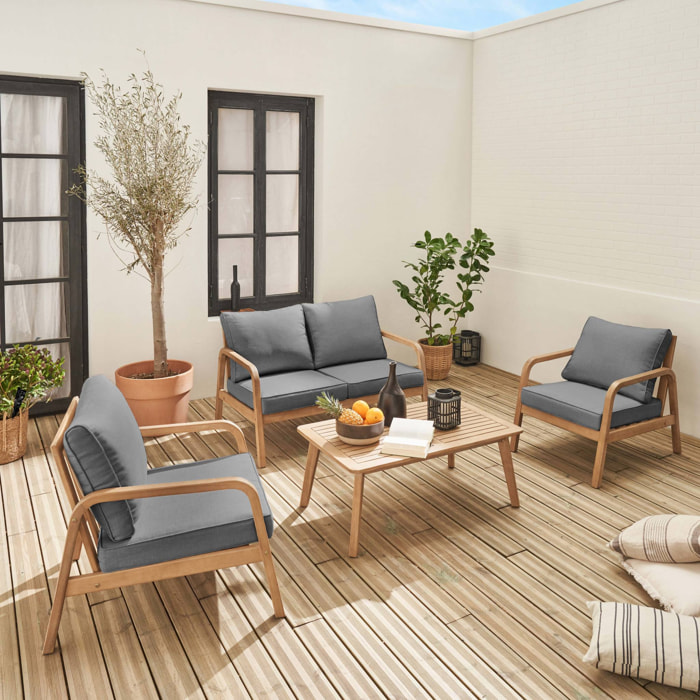 salon de jardin en bois d'acacia 4 places gris CARNOTA. coussins déhoussables. 2 fauteuils. 1 canapé 2 places et 1 table