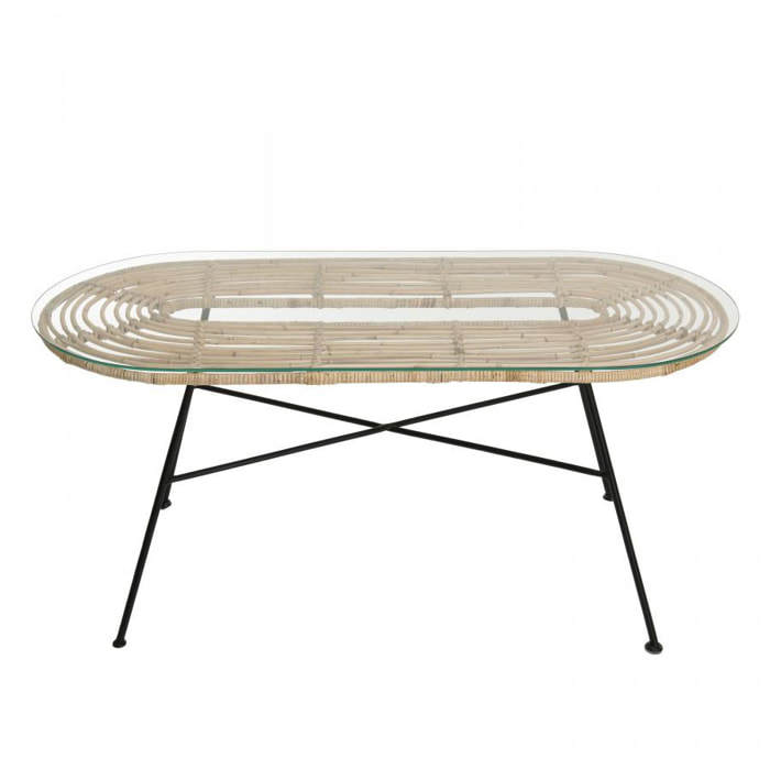 CHLOE - Table basse 100x45cm rotin naturel plateau verre pieds métal noir