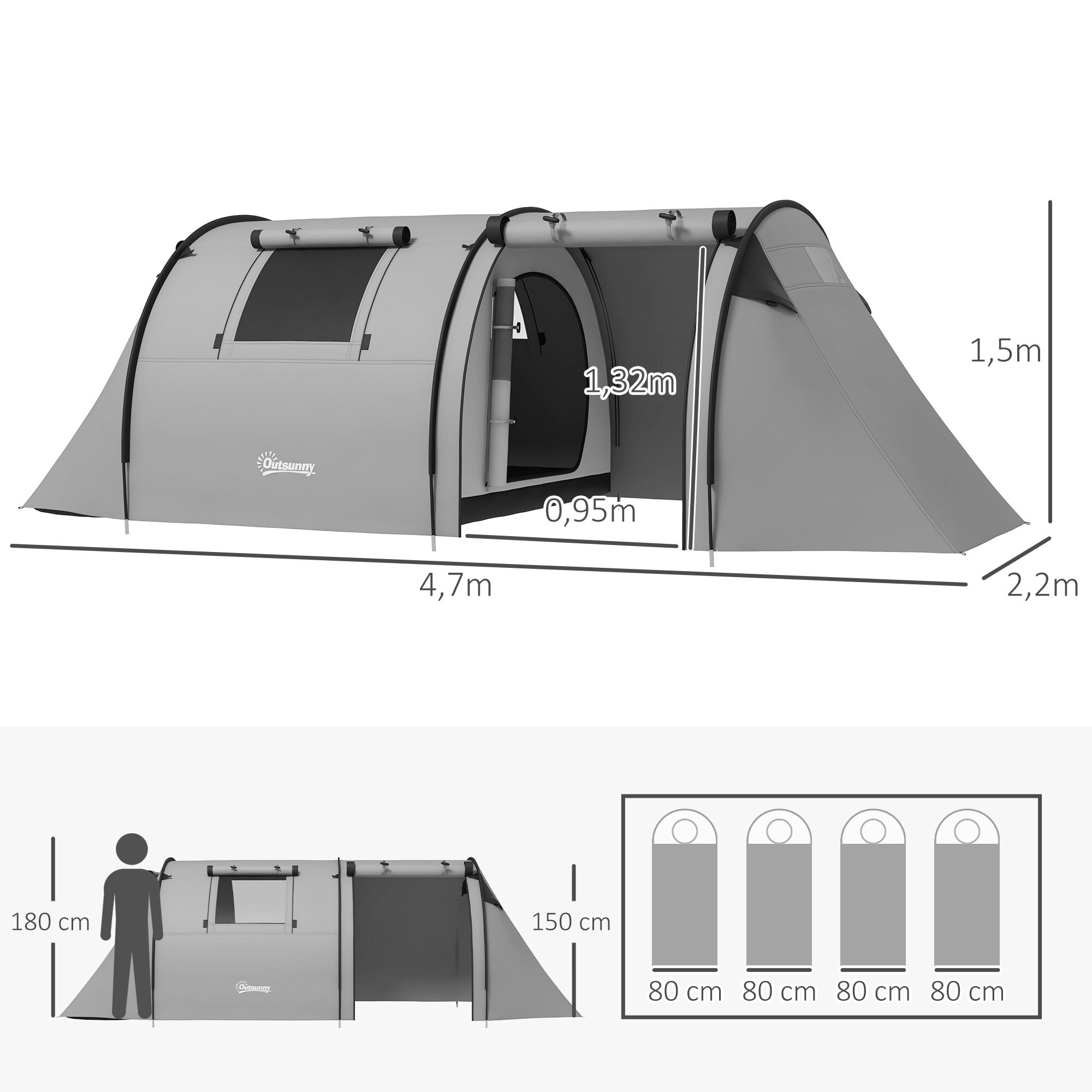 Tente de camping 3-4 pers. étanchéité 3000 mm chambre salon sac gris