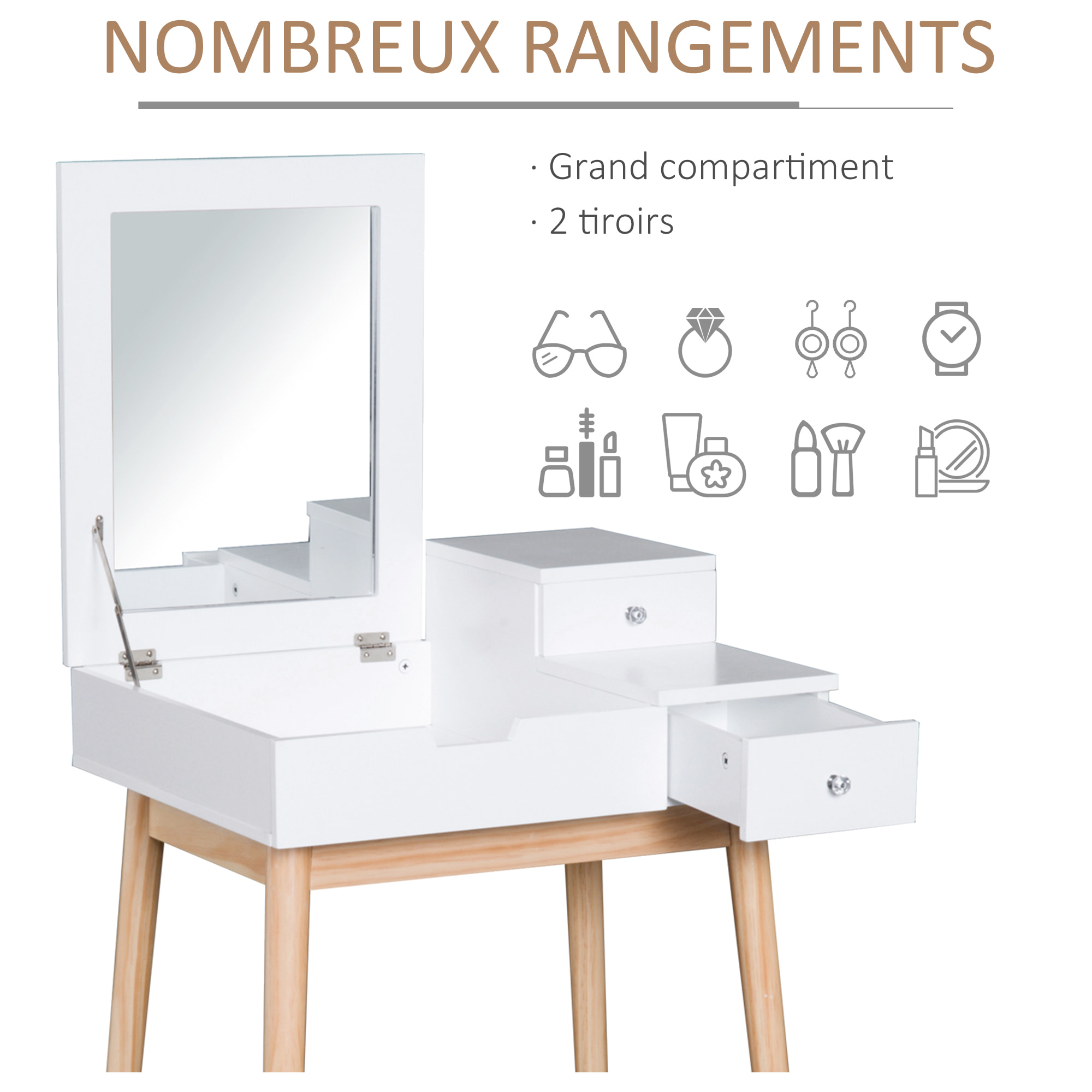 Coiffeuse design scandinave table de maquillage multi-rangements miroir pliable 60L x 50l x 86H cm pin et MDF blanc