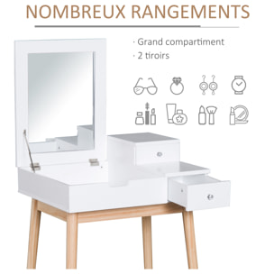 Coiffeuse design scandinave table de maquillage multi-rangements miroir pliable 60L x 50l x 86H cm pin et MDF blanc