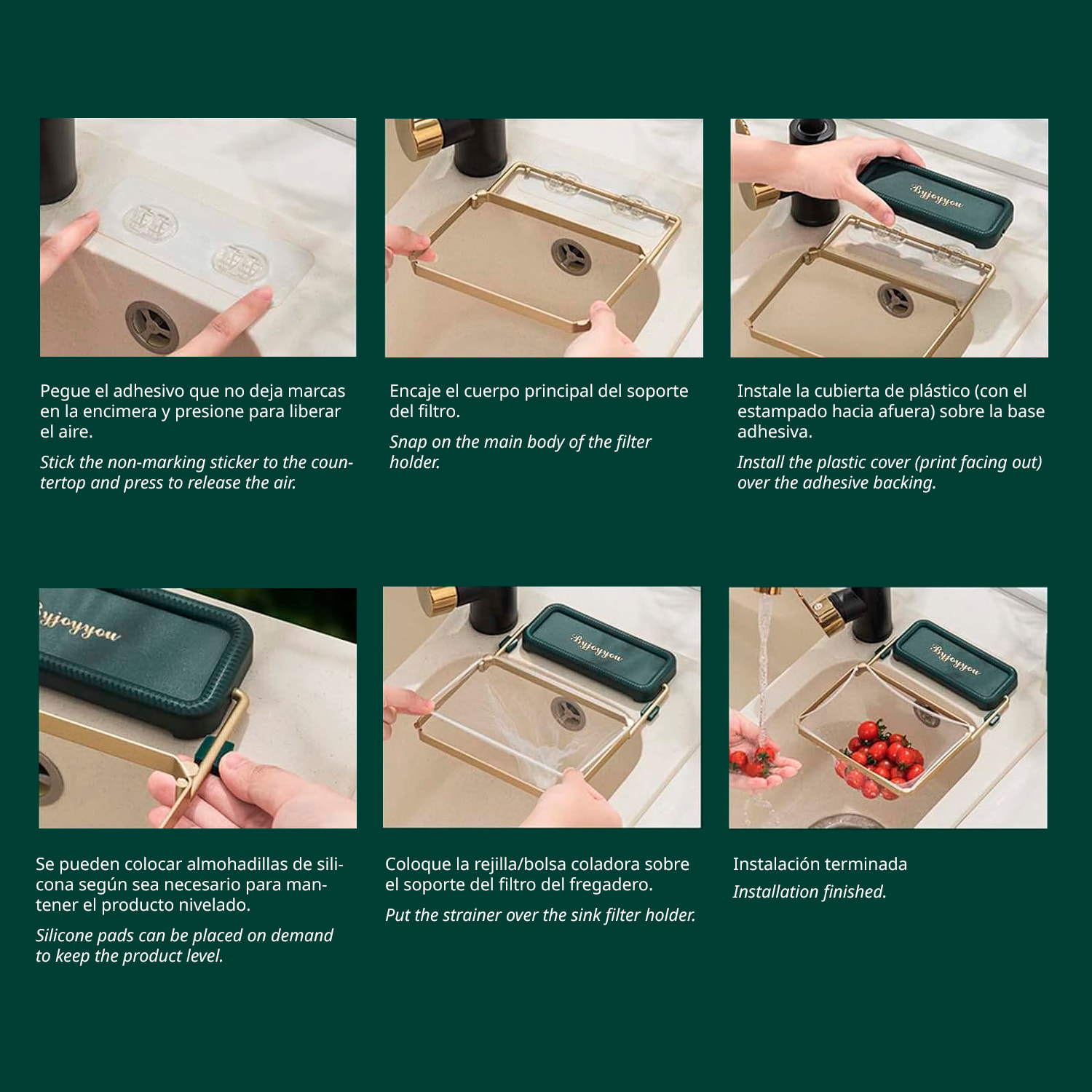 Colador elevable de metal para fregadero con 50 filtros reutilizables incluidos. Diseño práctico que facilita el drenaje y permite ahorrar espacio tras su uso.