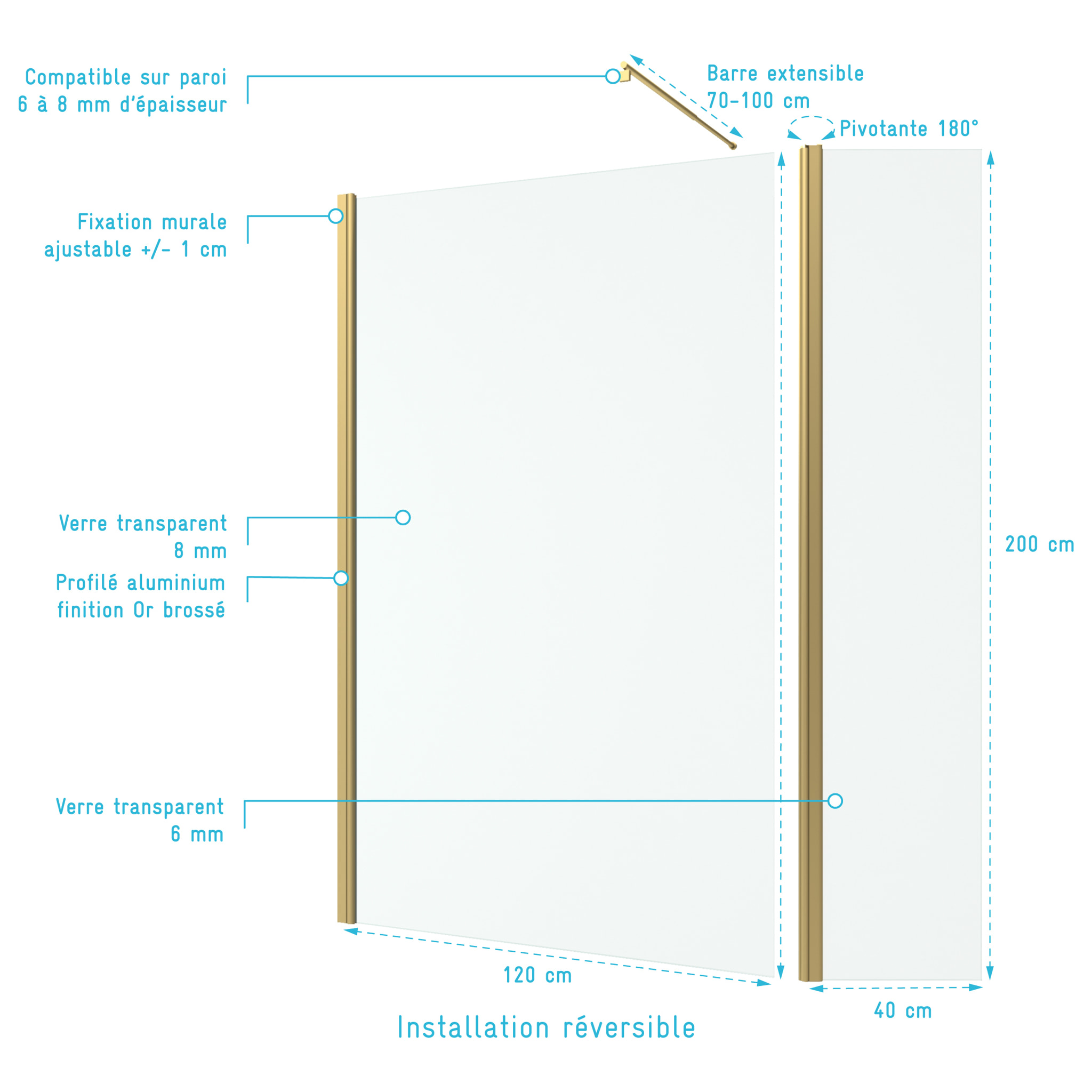 Paroi de Douche et Volet Pivotant 120+40x200 cm - Profilé + Barre de Fixation Or Doré Brossé