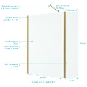 Paroi de Douche et Volet Pivotant 120+40x200 cm - Profilé + Barre de Fixation Or Doré Brossé