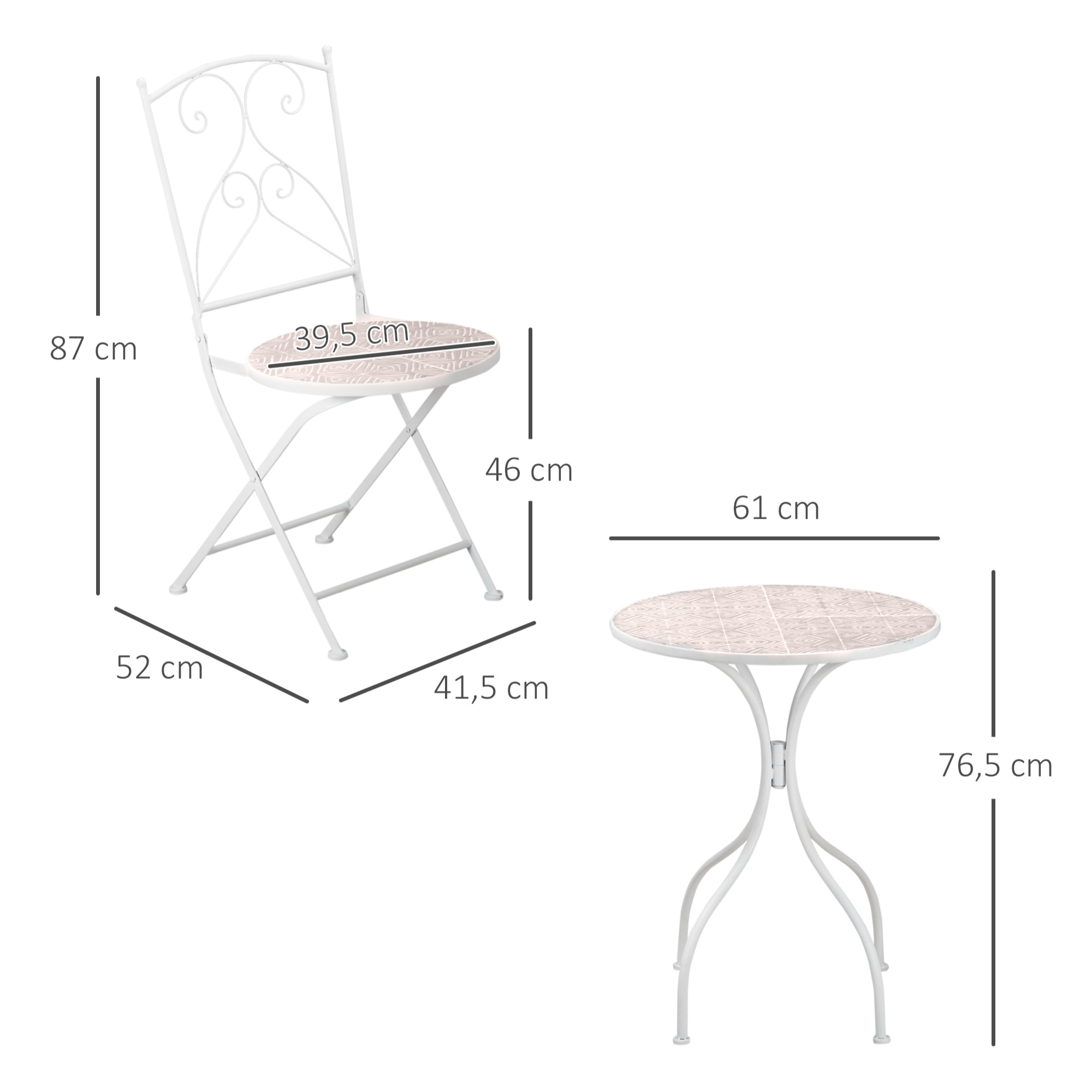 Ensemble de jardin bistro 3 pièces 2 chaises pliantes et table ronde - métal époxy, plateau mosaïque - blanc