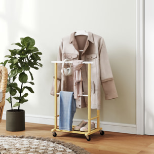 Galán de Noche de Bambú con Ruedas, Perchero Burro de Ropa con Barras para Pantalones y Balda Inferior para Zapatos, Estilo Nórdico, para Dormitotio, 47x33,7x105,5 cm, Natural y Blanco