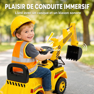 Trotteur porteur tractopelle pelleteuse avec casque et klaxon jaune noir