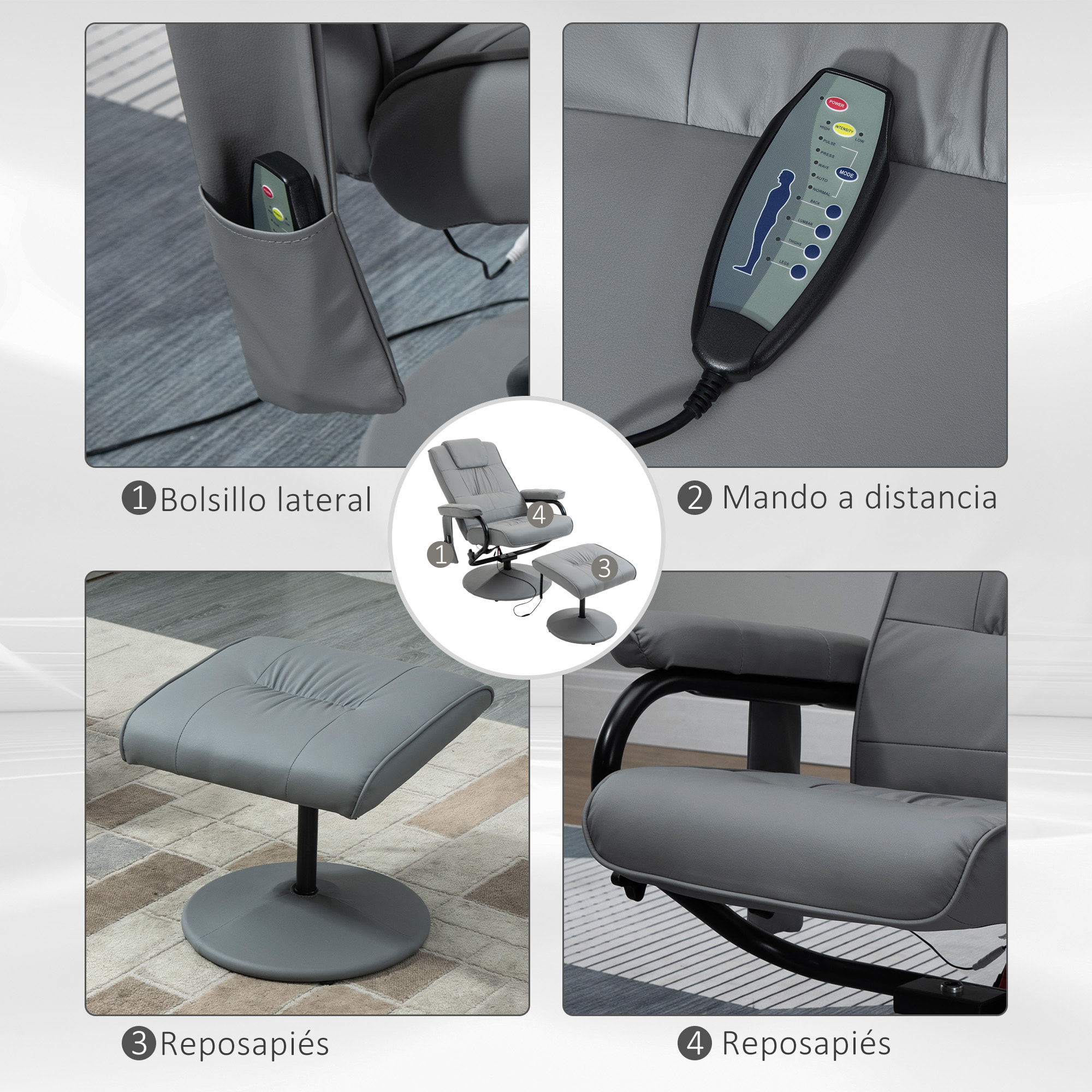 Sillón de Masaje Eléctrico con Reposapiés Sillón Relax Giratorio Reclinable hasta 145° con Control Remoto y 10 Puntos de Masaje Tapizado en PU Gris