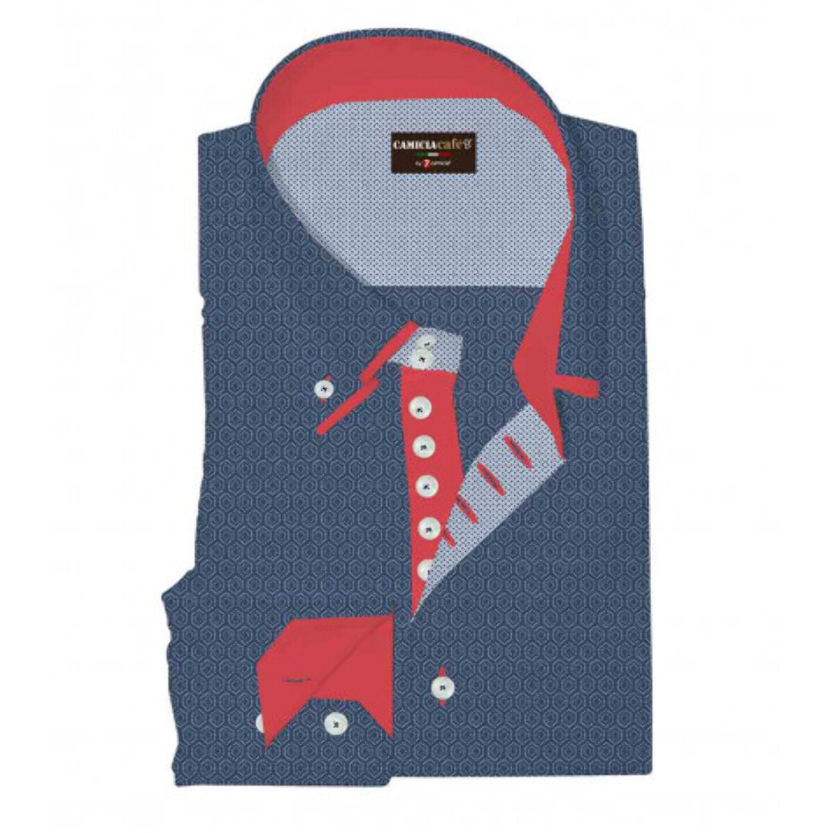 Camicia Uomo 2 Bottoni Button Down Doppio Collo 7 Bottoni Slim Cotone Poliestere Stampa Blu\Bianco