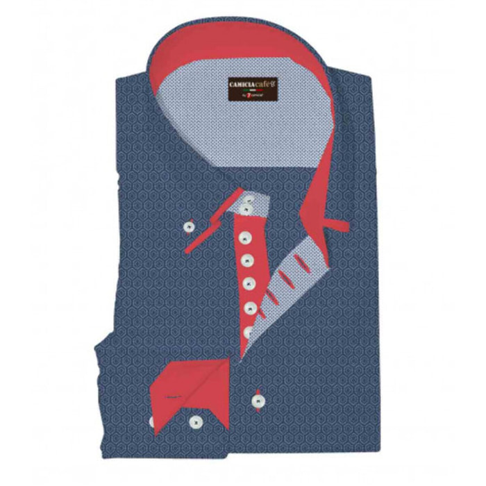 Camicia Uomo 2 Bottoni Button Down Doppio Collo 7 Bottoni Slim Cotone Poliestere Stampa Blu\Bianco