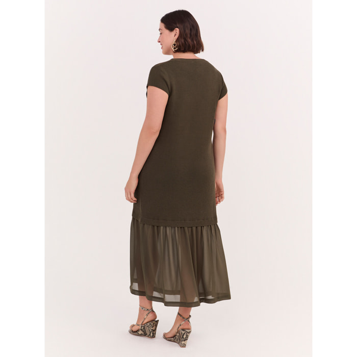 Fiorella Rubino - Vestido largo de punto con volante - Verde militare