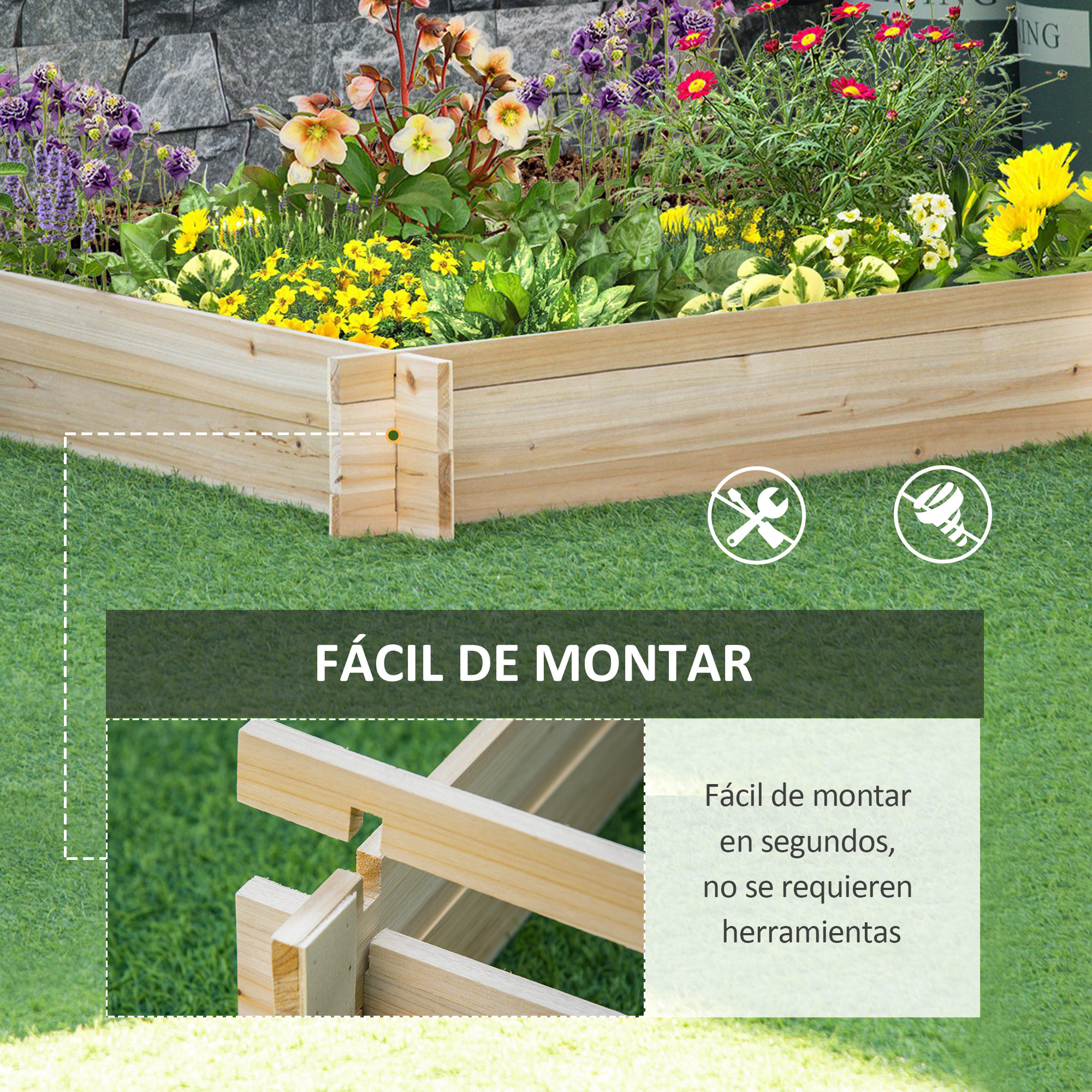Arriate de Madera de Jardín Cuadrado Suelo de Huerto Urbano Jardinera Macetero para Cultivos Plantas Flores Hierbas Terraza 100x100x16 cm Natural