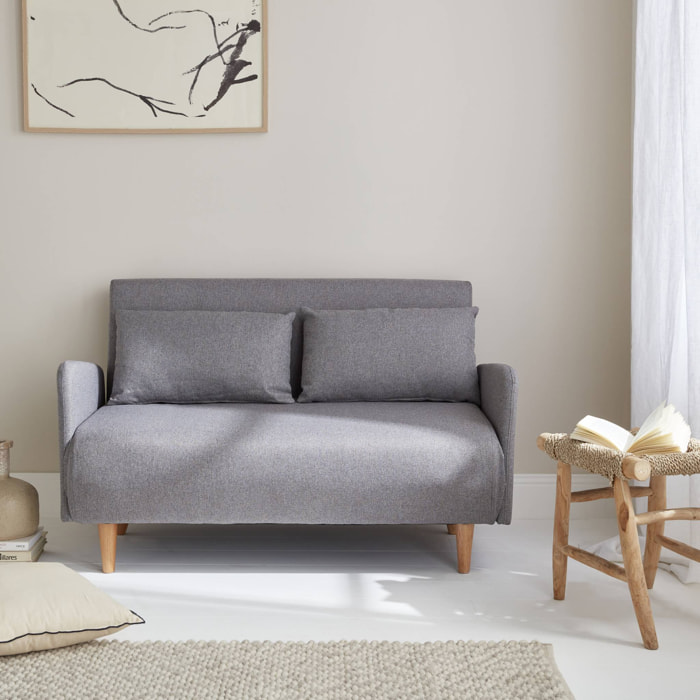 Canapé convertible en tissu - Panam - 2 places scandinave. pieds bois clair. gris clair. banquette. dossier inclinable
