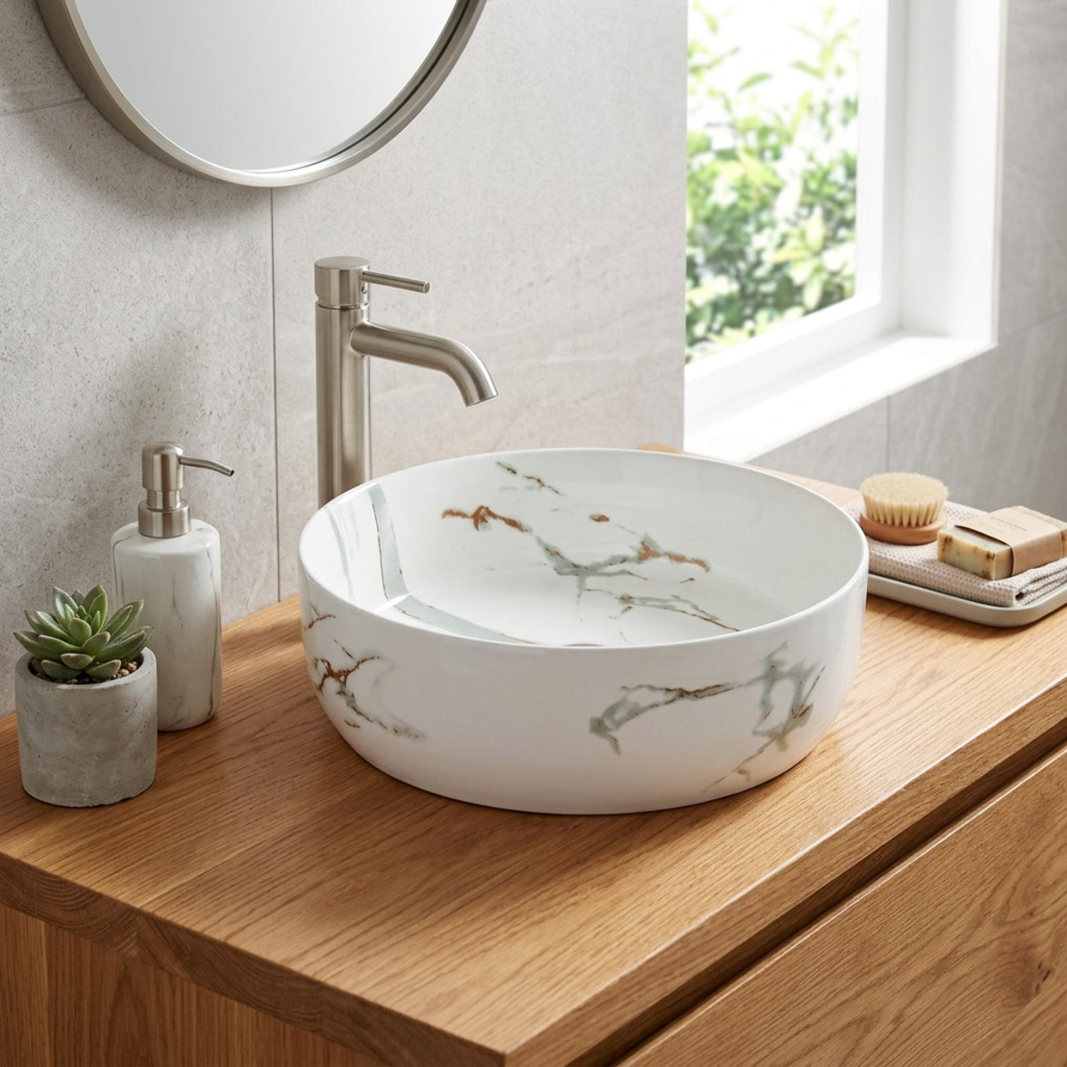 Vasque à poser ronde diamètre 39 cm - effet marbre blanc mat - sans trop-plein - SAT Infinitio