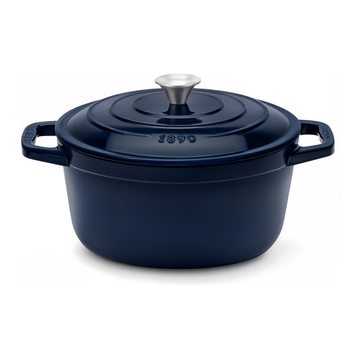 La Fonderie 1890 ALMA22, Cacerola de hierro fundido, 22 cm, 3,3L, azul marino, compatible con todos los fuegos, inducción, gas, parrilla y horno