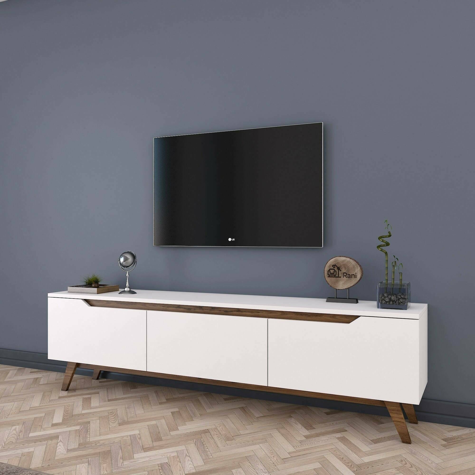 Mobile porta TV Apatite, Credenza da soggiorno, Armadio basso per TV, Base parete attrezzata, 180x35h49 cm, Bianco e Noce