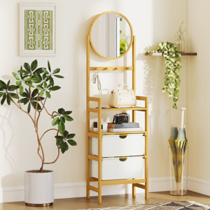 Estantería de Baño de Bambú con Espejo Estantería de Almacenaje con 4 Ganchos 2 Estantes Abiertos y 2 Cajones de Tela para Cocina Baño Salón 48,5x30x170 cm Natural