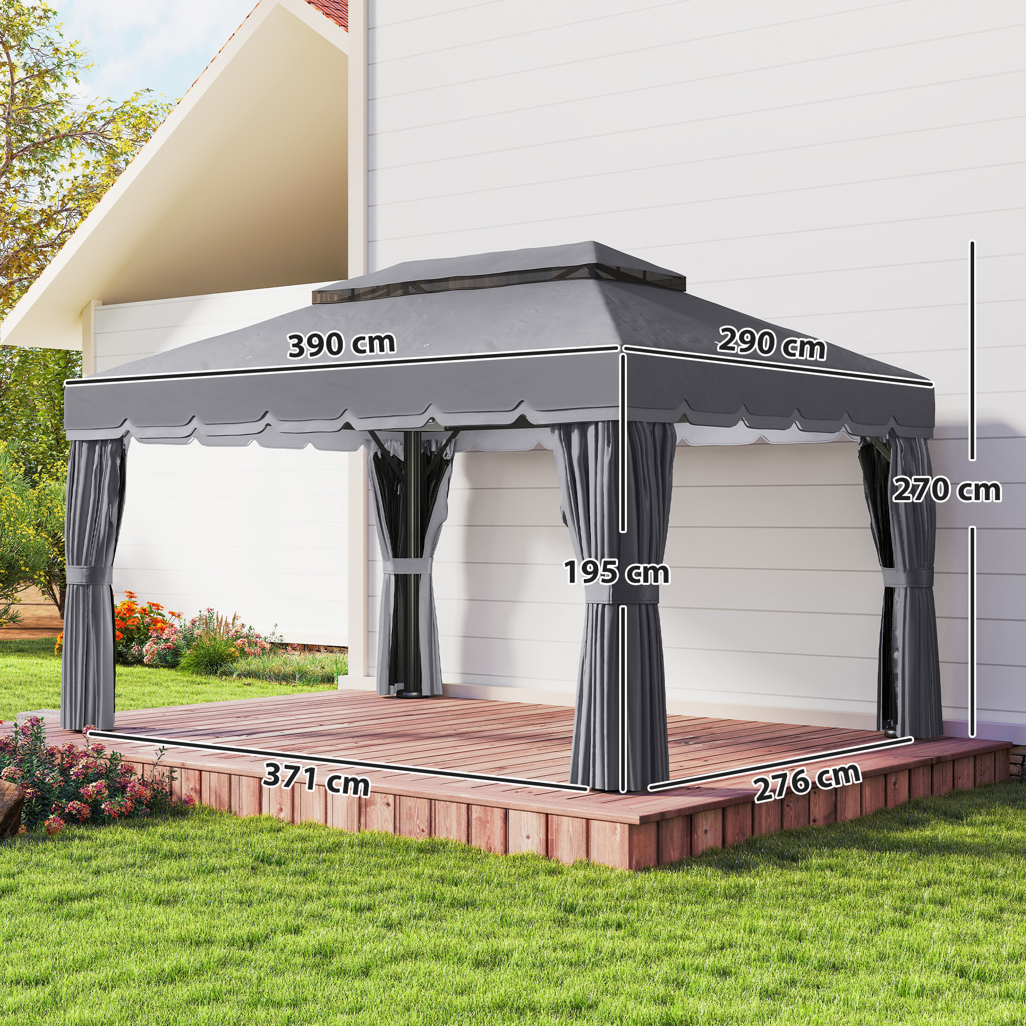 de Jardín 4x3 m, Pabellón de Jardín Gazebo con Doble Techo, 4 Cortinas y Mosquitera, Marco de Aluminio, Orificios de Drenaje, UPF50+, Carpa para Exterior, Terraza, Patio, Gris Oscuro
