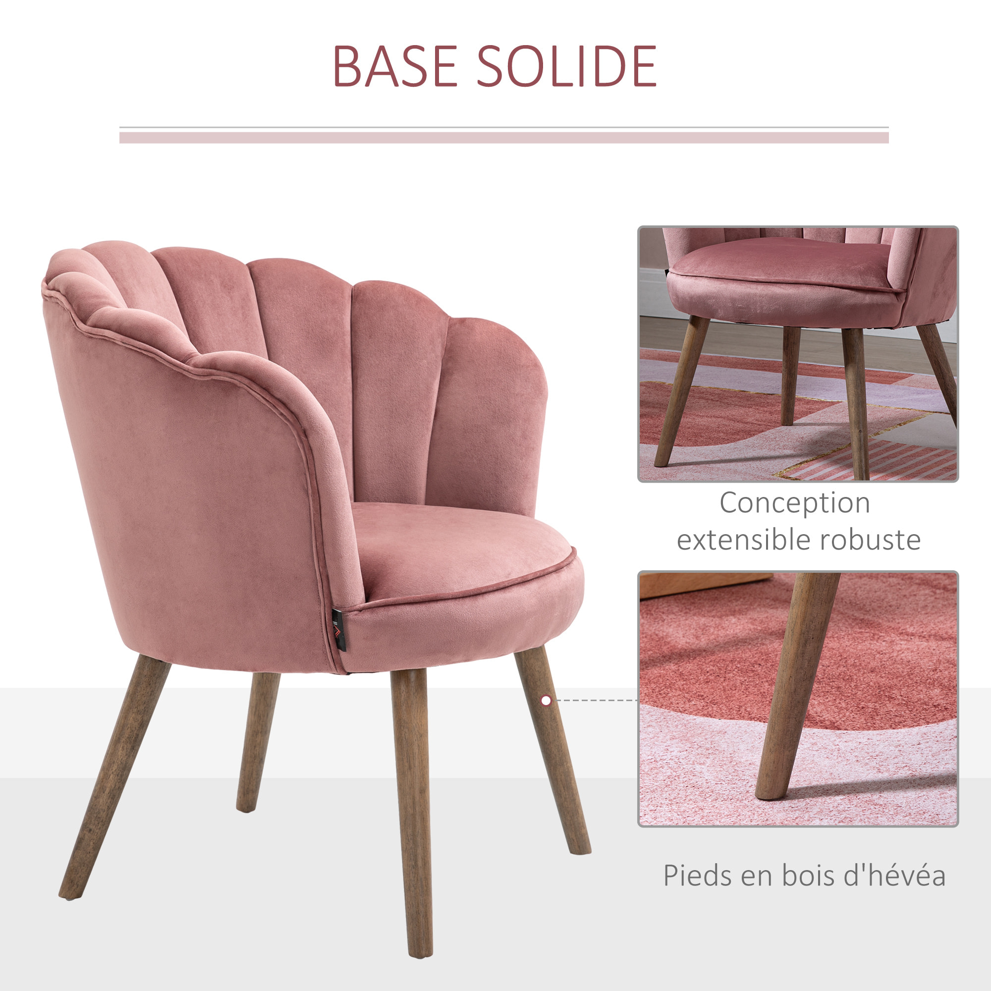 Fauteuil design coquillage piètement effilé bois d'hévéa dossier enveloppant strié aspect velours rose poudré