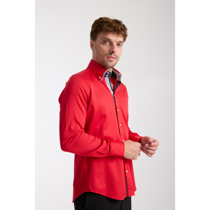 Camicia Uomo 2 Bottoni Button Down 7bottoni Doppio Coll Satin Unito Rosso
